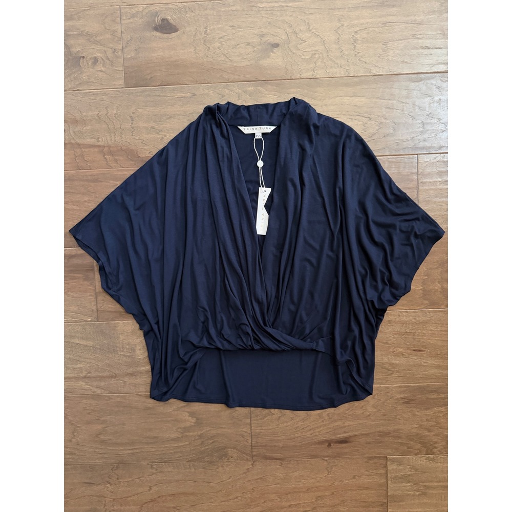 Trina Turk Concourse Top Indigo Navy Blue Draped Twist Front Dolman XS/S NEW